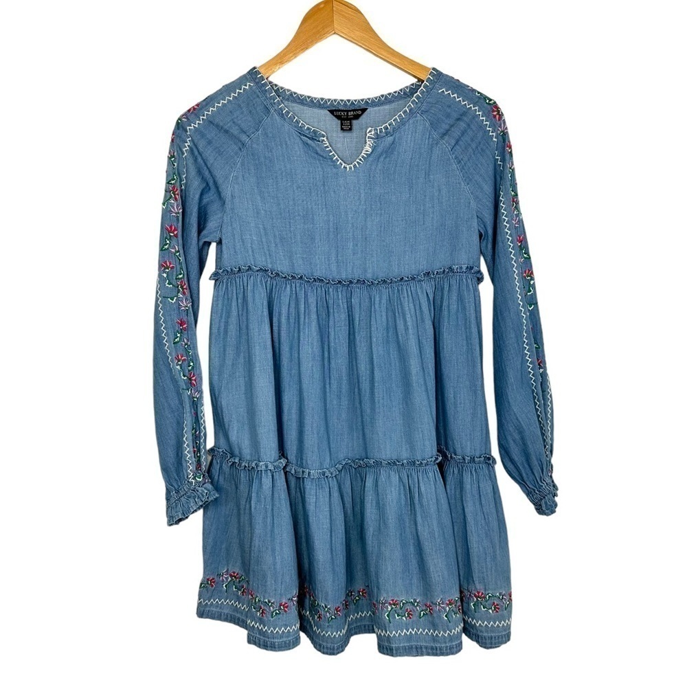 Lucky Brand Girls Embroidered Cotton Dress Sz Large (12/14) Blue Long Sleeve